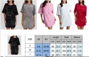 Detailed size guide table for velvet sequin backless dress with US and EU measurements
