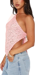 Side view of pink lace halter crop top with triangle hem and open back design