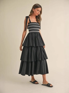 Women Summer Tiered Midi Dress Smocked Bodice Tie Shoulder Bow Straps Holiday Beach Casual Sun Dress Elegant Sundress