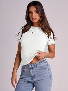 Women's Casual Ribbed Short Sleeve T-Shirt Slim Fit Round Neck Lettuce Edge Hem Solid Color Basic Summer Tee Top