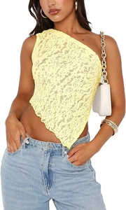 Detail of yellow floral lace one-shoulder crop top with irregular pointed hemline