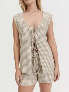 Women's two-piece plaid summer set featuring a tie-front sleeveless top and relaxed shorts