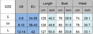 Size chart for striped backless maxi dress with S, M, L measurements in cm and inches