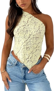 Detail view of yellow floral lace one-shoulder crop top with asymmetrical triangular hemline