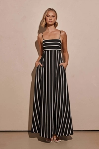 Detailed front view of a striped maxi dress with thin straps and hidden side pockets