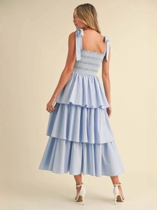 Light blue tiered summer dress with smocked back and tie shoulder straps