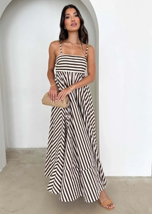 Detail of summer striped backless maxi dress with tiered ruffle hem and floral print pattern