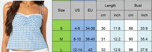Detailed size guide table for blue gingham lace-up camisole top with size measurements