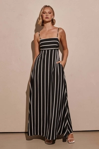 Detailed view of the striped maxi dress featuring thin straps and contrast pattern design