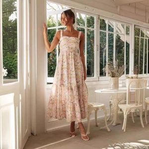 Women Floral Print Maxi Dress Summer Square Neck Tiered Cake Skirt Backless Criss Cross Sleeveless Vacation Long Dress