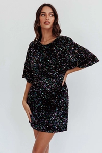Detail shot of the colorful sequins on the black velvet short sleeve party dress
