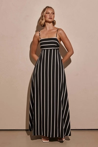 Detail of a striped backless maxi dress featuring vertical lines and thin straps