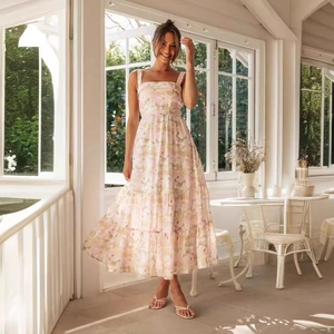 French floral spaghetti strap maxi dress with elegant tiered ruffle hem for women