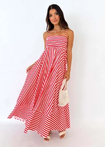 Detail of red and white striped summer maxi dress featuring thin straps and flowing hem