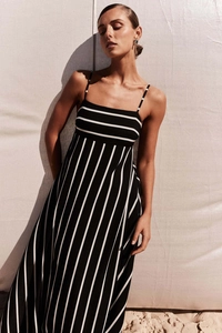 Detail of striped midi dress featuring horizontal and vertical stripe pattern contrast