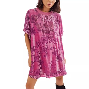 Women's Vintage Floral Print Velvet Mini Dress Round Neck Short Sleeve Ruffle Hem Loose Flowy Bohemian Daily Party Dress