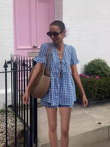 Top Et Bottom Femme Été à Carreaux Gingham Col en V Manches à Volants Lien de Serrage Décontracté Vacances Short