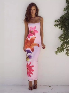 Women Floral Print Bodycon Maxi Dress Sexy Spaghetti Straps Backless Slim Fit Vacation Summer Beach Long Dress With Slit