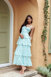 Detail view of the multi-layered floral ruffle dress with blue flower pattern