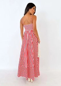 Detailed back view of a summer maxi dress with red and white stripes and elastic smocking