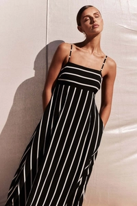 Detail of striped sleeveless maxi dress featuring a square neckline and practical side pockets