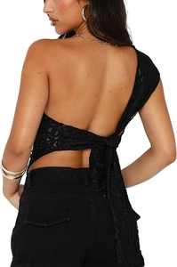 Detailed view of black lace crop top featuring an open back and elegant ribbon tie design