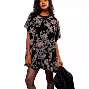 Elegant vintage black velvet mini dress with white floral prints and round neck