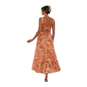 Floral backless summer dress featuring a cross-strap design and tiered ruffle skirt hem