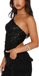 Close-up of black lace crop top showing sheer crochet texture and irregular triangle hem