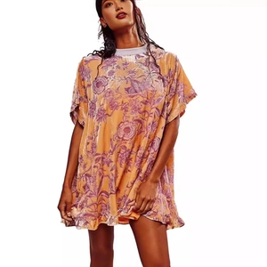 Vintage floral velvet mini dress with short sleeves and mustard yellow crew neck style