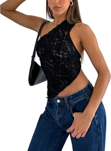 Detail of sheer black floral lace one-shoulder crop top with asymmetrical hem design