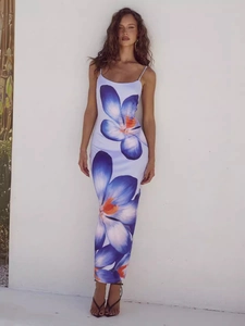 Slim fit floral print bodycon maxi dress with thin straps for women's summer fashion