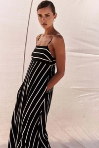 Detailed view of backless black and white striped dress with thin shoulder straps