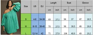 Size chart showing S, M, L dimensions for the off-shoulder puff sleeve green dress