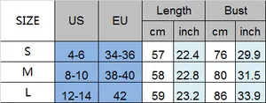 Size chart for sleeveless cardigan showing US and EU conversions and measurements
