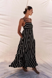 Detail view of striped maxi dress with horizontal bodice and vertical skirt patterns