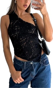 Detail of floral lace mesh on an asymmetrical one-shoulder cropped top in black