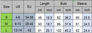 Size chart for women v-neck lace blouse with measurements for S M and L in cm and inch