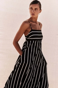Detailed close-up of striped sundress featuring vertical stripes and side pocket design