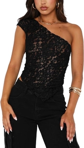 Close-up of black lace one-shoulder crop top with sheer mesh texture and V-hem detail