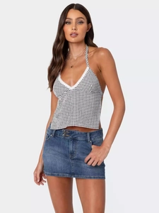 Damen Sexy Halter Gingham Crop Top V-Ausschnitt Spitzenbesatz Rückenfrei Zum Binden Kariert Sommer Ärmellos Halterneck Cami Tank Top