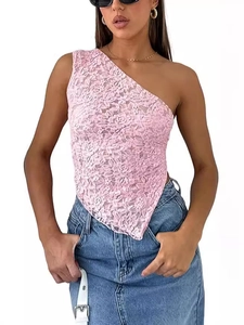 Women Sexy Floral Lace One Shoulder Crop Top Sleeveless Backless Mesh Camisole Party Streetwear Asymmetrical Slim Vest