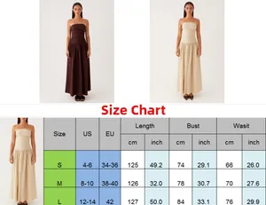 Tabella taglie dettagliata per vestito elegante con spalle scoperte e misure US ed EU