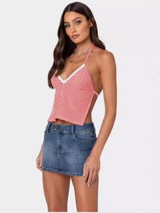 Rotes Gingham Neckholder Top und Jeans Minirock Set für sommerliche Mode-Outfits