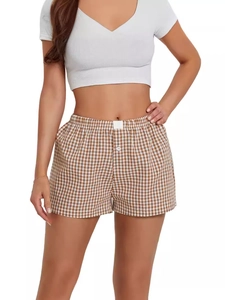 Pantalones cortos de verano informales a cuadros para mujer con cintura alta elástica