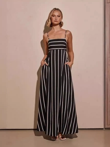 Women Fashion Striped Cami Maxi Dress Backless Large Swing Summer Casual Beach Long Dress With Pockets