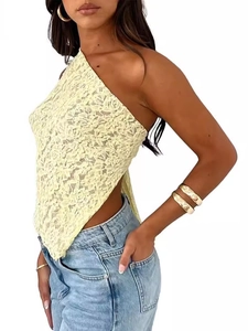 Women's yellow lace one-shoulder crop top with floral sheer fabric and asymmetrical hem