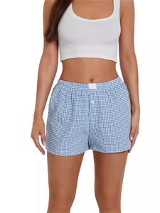 Pantalones cortos de verano para mujer con cuadros vichy azules y blancos y cintura elástica