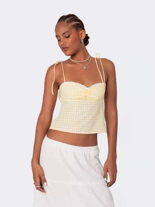 Women Sexy Gingham Camisole Top Backless Tie Up Lace Trim Smocked Summer Beach Plaid Cami Crop Top Sleeveless Vest