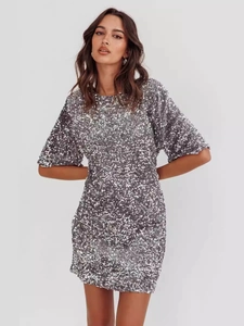 Sparkly silver sequin velvet mini dress with short sleeves and elegant open back for parties